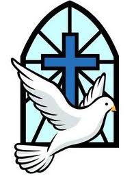 Dove Flying in Front of Stained Glass Window with Cross